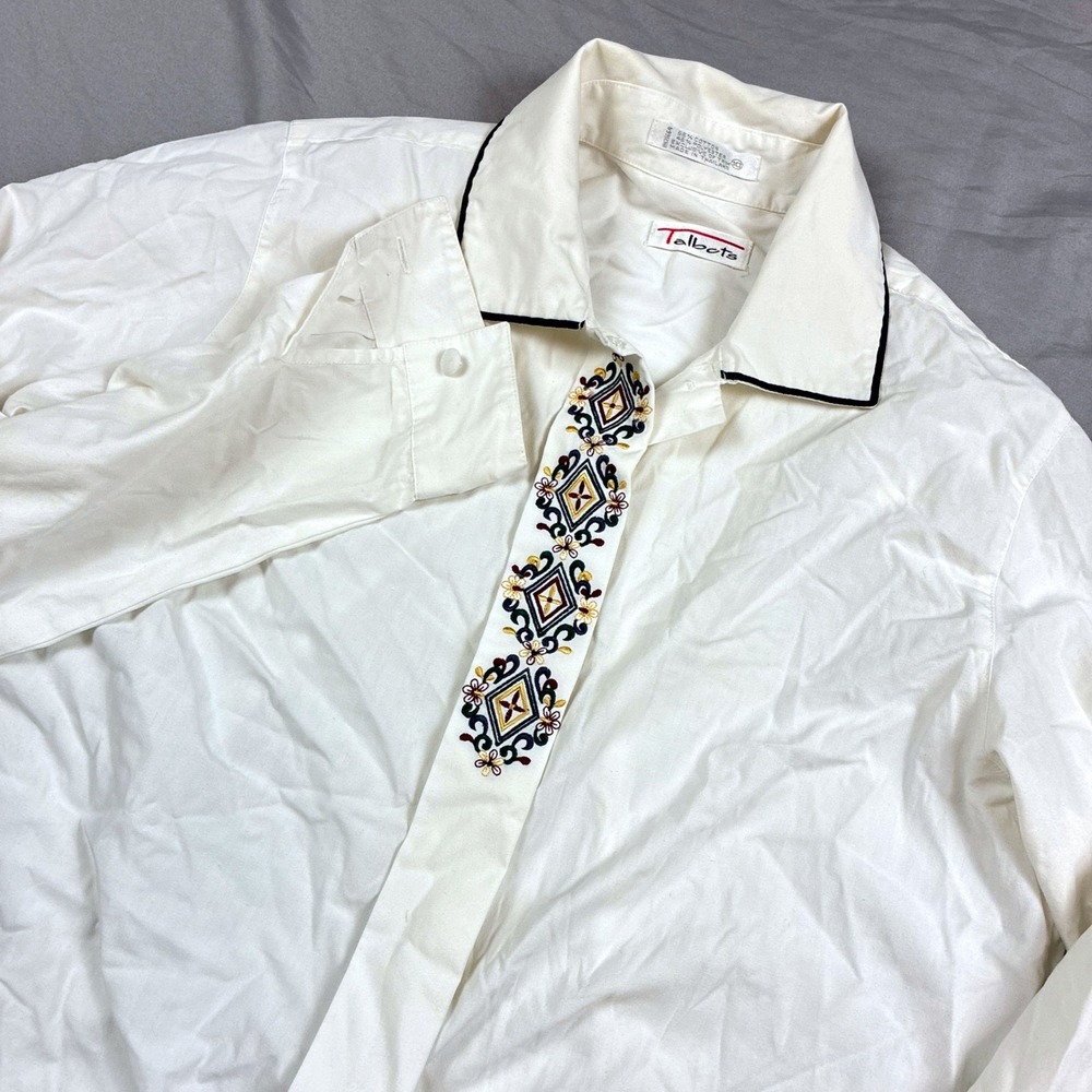 Talbots Button Up Embroidered Shirt Womens 10 White Placket Contrast Piping VTG